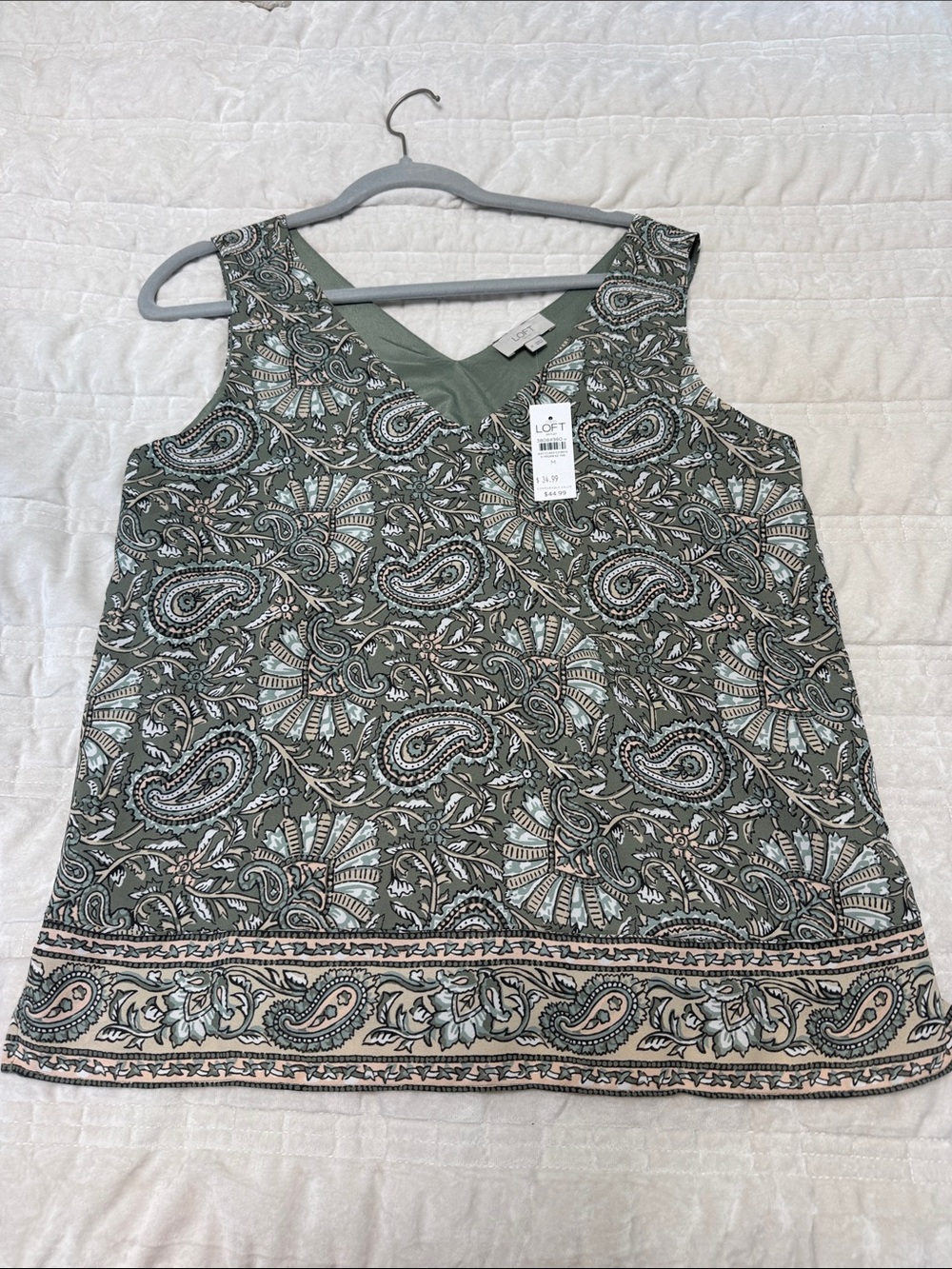 LOFT Olive Green Paisley Sleeveless V-Neck Tank